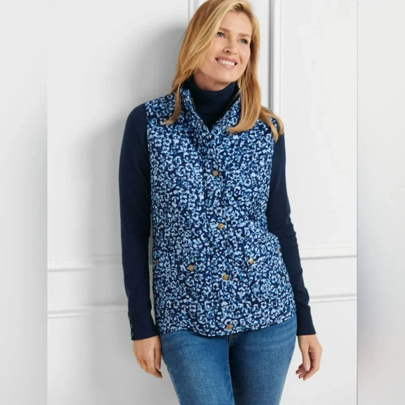 Talbots Quilted Blue Abstract Leopard Diamond Print Vest Size Large Petites - Picture 15 of 16